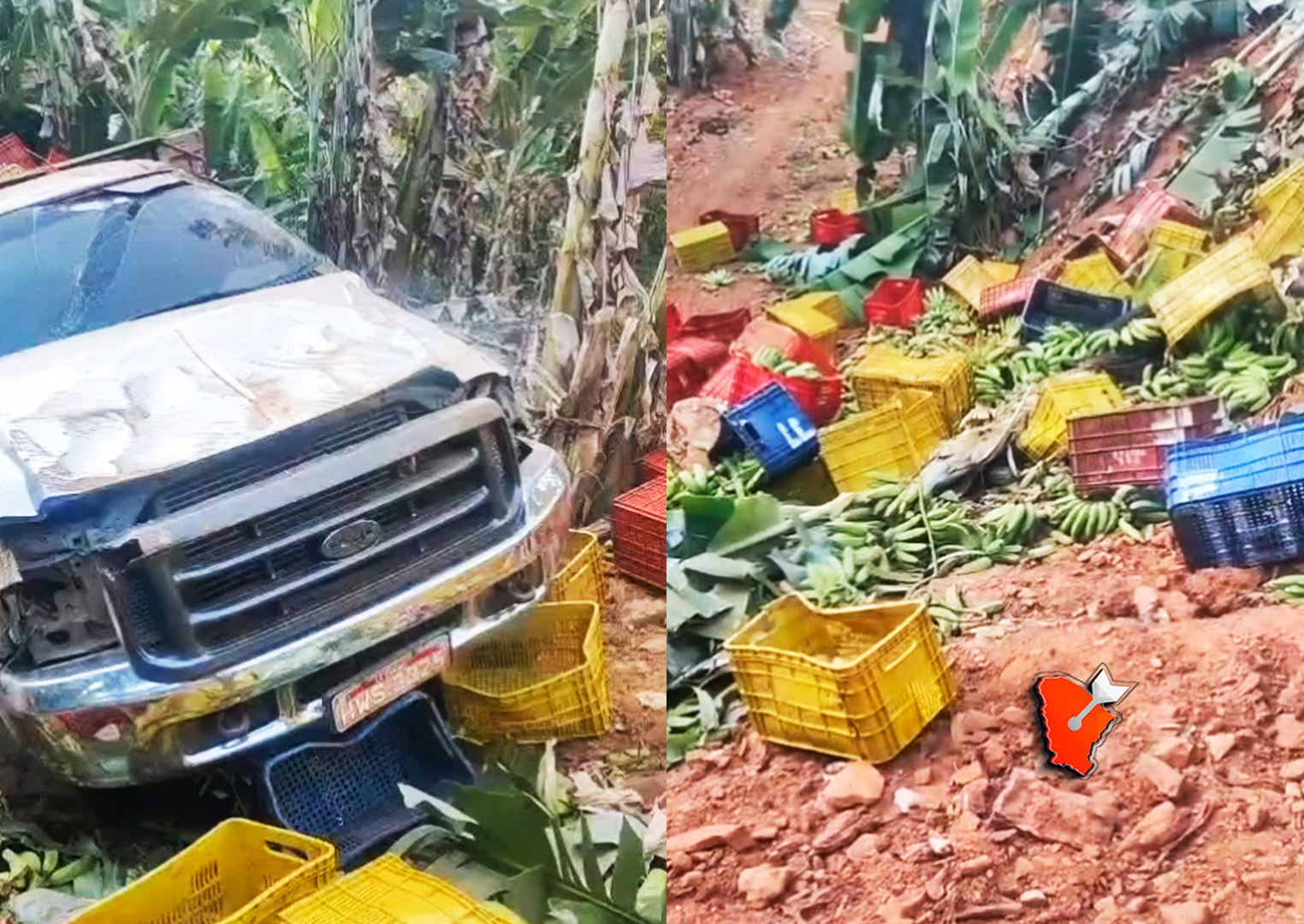 Caminhão carregado de bananas cai em abismo na zona rural de Capistrano
