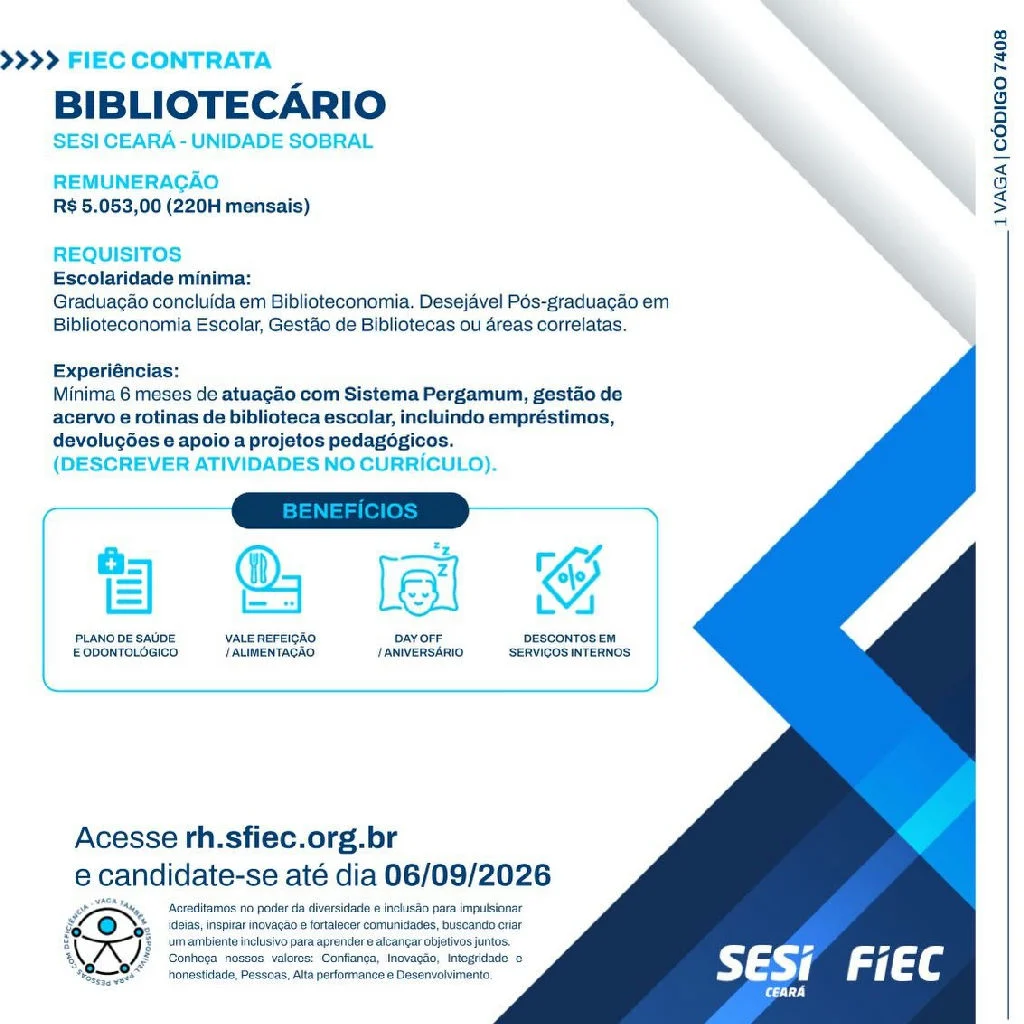 Sesi Ceará abre vaga para bibliotecário em Sobral com remuneração e benefícios