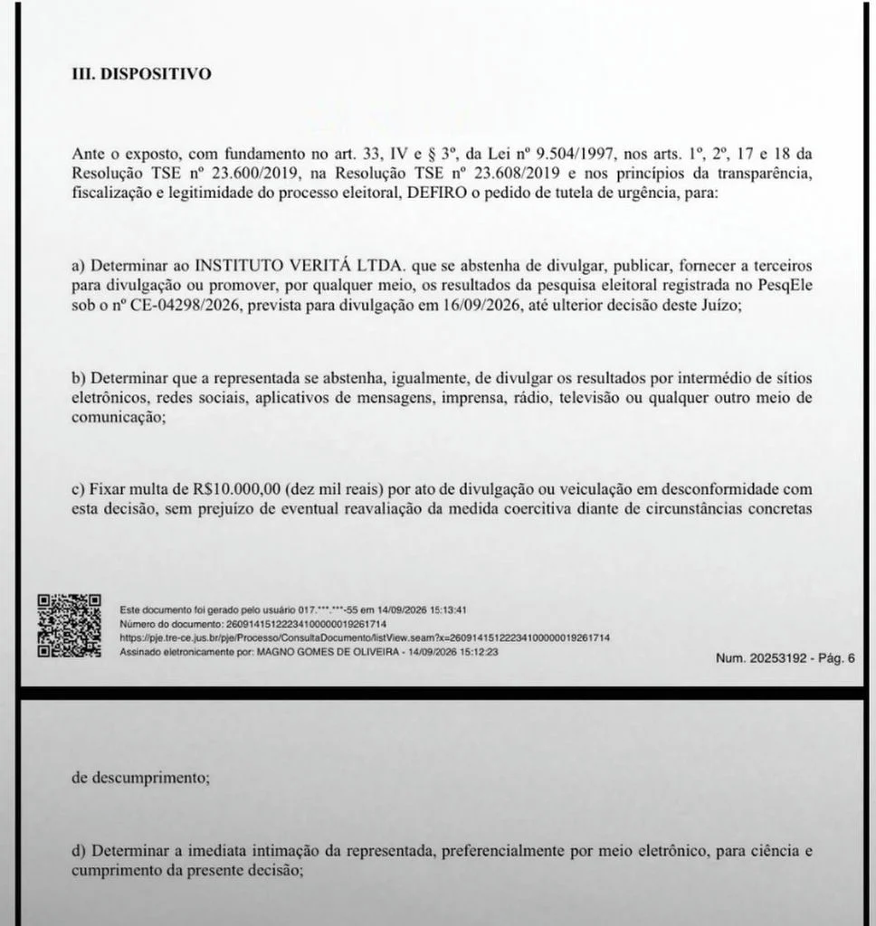 Decisão do TRE-CE que suspendeu a divulgação de pesquisa eleitoral do Instituto Veritá